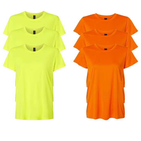 High Visibility Short Sleeve Workwear Tee, 100% Polyester Hi Vis Reflective Performance T-Shirts for Women (Neon Safety Orange/Yellow 6 Pack, XL)