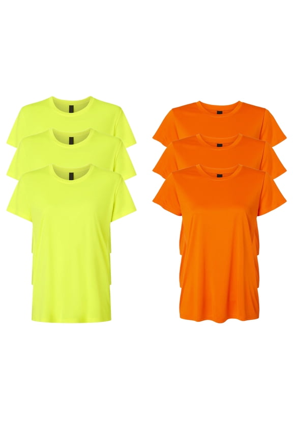 High Visibility Short Sleeve Workwear Tee, 100% Polyester Hi Vis Reflective Performance T-Shirts for Women (Neon Safety Orange/Yellow 6 Pack, XL)