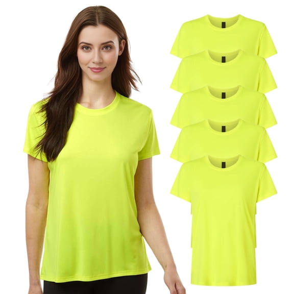 High Visibility Short Sleeve Workwear Tee, 100% Polyester Hi Vis Reflective Performance T-Shirts for Women (Neon Safety Yellow 5 Pack, L)