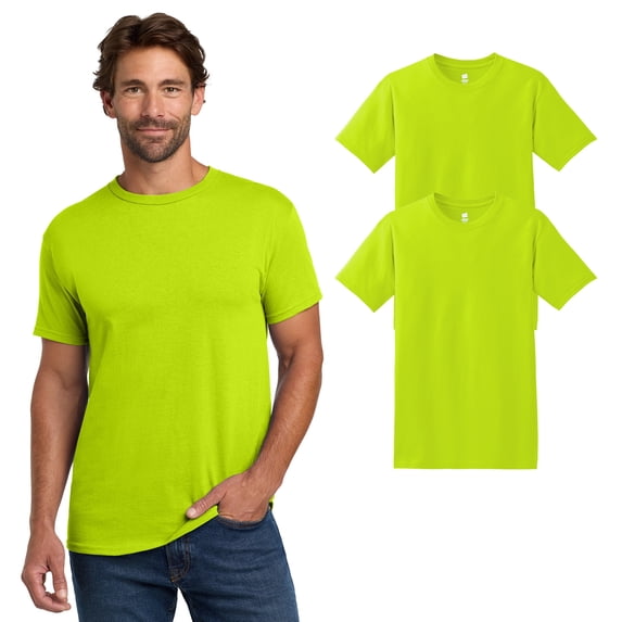 High Visibility T-Shirt, Hanes Safety Green, Short Sleeve, 2 Pack, Size S-5XL | Men's Work Shirt, 60/40 Cotton/Polyester