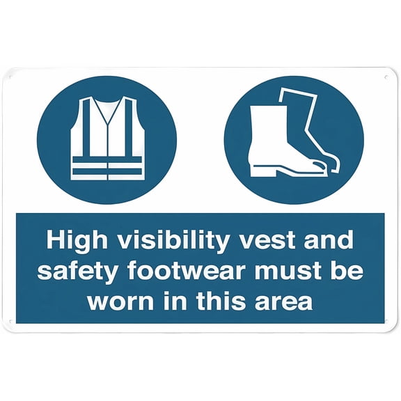High Visibility Vest and Safety Footwear Must Be Worn Sign - 8"x12" Reflective Aluminum Metal Warning Signage with Symbol for Indoor Outdoor