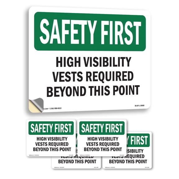 High Visibility Vests Required Beyond This Point OSHA SAFETY FIRST Vinyl Decal Label 14 Inch x 10 Inch - 5 Pack