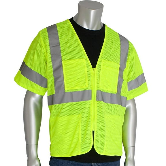 PIP CLASS 3 MESH VEST, 4 POCKETS, ZIPPER CLOSURE, 303-MVGZ4P-LY/XL