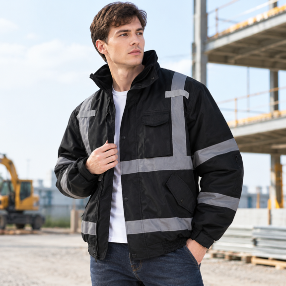 High Visibility Waterproof Safety Bomber Jacket, Black, Small