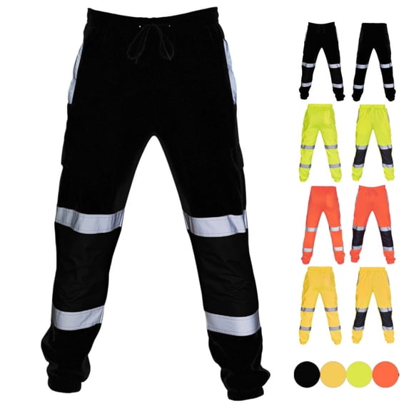 High Visibility Work Cargo Pants Mens Casual Waterproof Drawstring Pockets Safe Reflective Construction Elastic Waist Trousers Black S