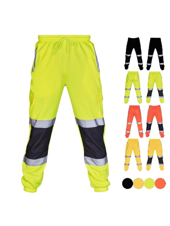 High Visibility Work Cargo Pants for Men Casual Waterproof Drawstring Pockets Safe Reflective Construction Elastic Waist Trousers Green L