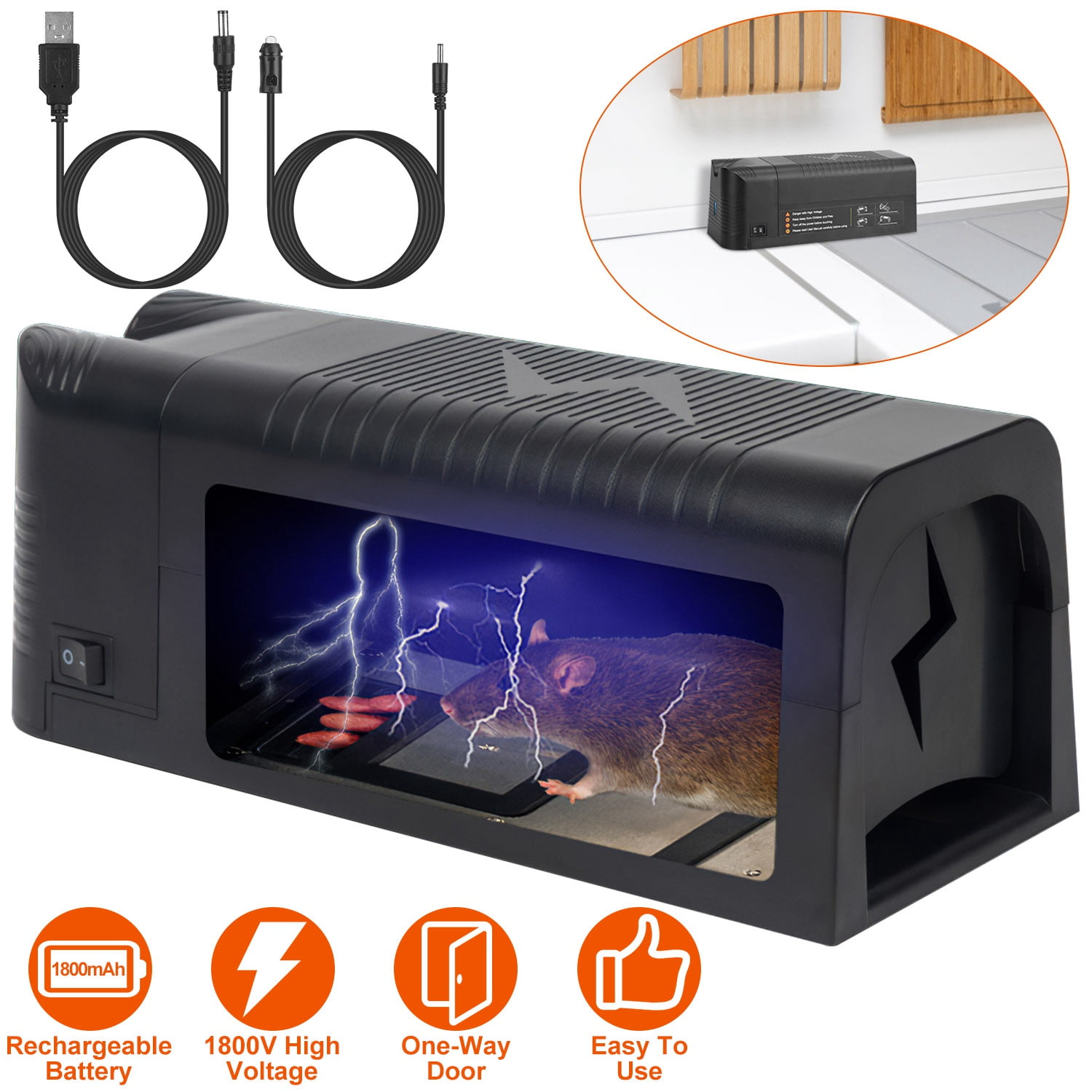 High Voltage 1800V Rat Trap - Spacious Inner for All Rodents, One - Way Entry, Rechargeable and Multifunctional for Indoor Scenes,  Easy to Use Indoors/Outdoors for Mice,