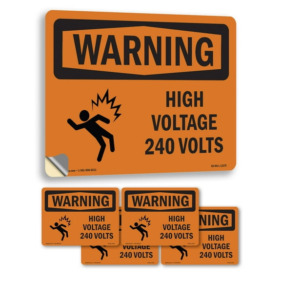 High Voltage 240 Volts With Symbol OSHA WARNING Vinyl Decal Label 7 Inch x 5 Inch - 5 Pack
