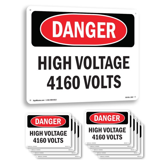 High Voltage 4160 Volts OSHA Danger Rigid Plastic Sign 10 Inch x 7 Inch - 10 Pack