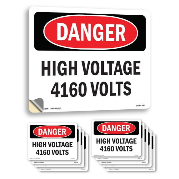 High Voltage 4160 Volts OSHA Danger Vinyl Decal Label 5 Inch x 3.5 Inch - 10 Pack