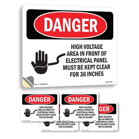 High Voltage Area Electrical Panel 36 Inches OSHA Danger Vinyl Decal Label 5 Inch x 3.5 Inch - 5 Pack