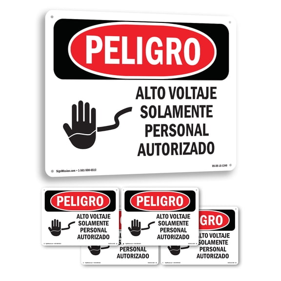High Voltage Authorized Personnel Spanish OSHA Danger Rigid Plastic Sign 14 Inch x 10 Inch - 5 Pack
