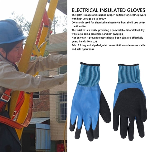 High Voltage Electrical Gloves, 1000V Rated, Nylon Rubber, Flexible, Cut Resistant, 2 Pcs