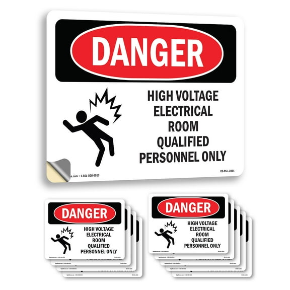 High Voltage Electrical Room OSHA Danger Vinyl Decal Label 14 Inch x 10 Inch - 10 Pack