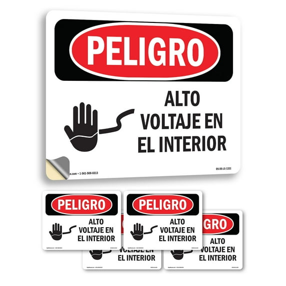 High Voltage Inside Spanish OSHA Danger Vinyl Decal Label 14 Inch x 10 Inch - 5 Pack