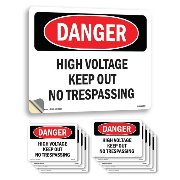 High Voltage Keep Out No Trespassing OSHA Danger Vinyl Decal Label 5 Inch x 3.5 Inch - 10 Pack