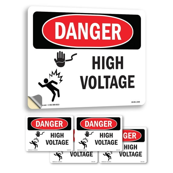 High Voltage OSHA Danger Vinyl Decal Label 14 Inch x 10 Inch - 5 Pack