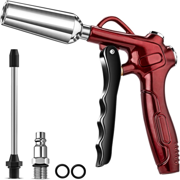 High Volume Air Blow Gun with Powerful Flow Nozzle, Retro Red Air Nozzle Blower Gun with 4.9" Stainless Steel Extension & 1/4'' Standard Quick Plug, Pneumatic Tool for Air Compressor Accessories