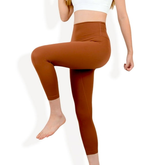 High Waist 7/8 Length Seamless Yoga Leggings with Stretchy Fit- Medium, Brown