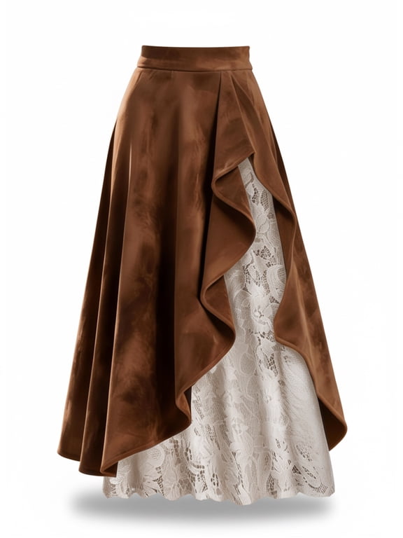 High Waist A-Line Faux Suede Maxi Skirt with Floral Lace Patchwork and Asymmetrical Flounce Retro Elegant Gown for Fall Wedding and Party