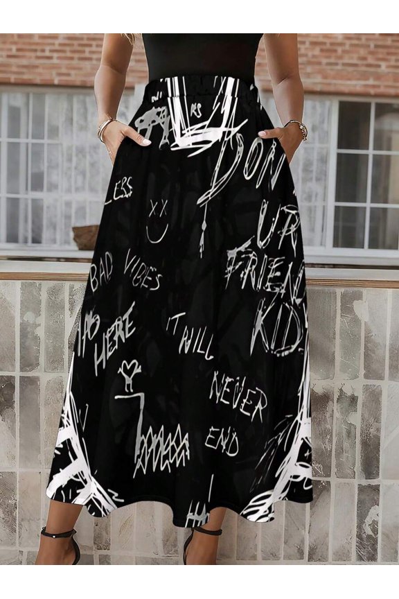 High Waist A-Line Maxi Skirt With Pockets Multicolor Graffiti Print