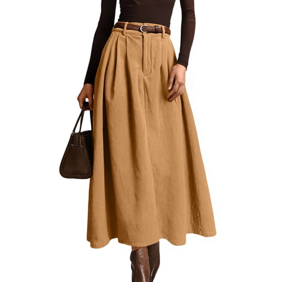 High Waist A Line Maxi Skirt with Belt for Women Casual Pleated Long Skirt Flared Hem Elegant Office Wear Khaki S