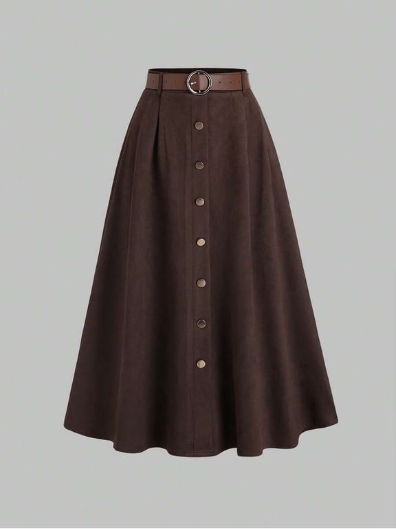 High Waist A-Line Midi Skirt for Women Button Front Pleated Belted Flared Office Workwear Elegant