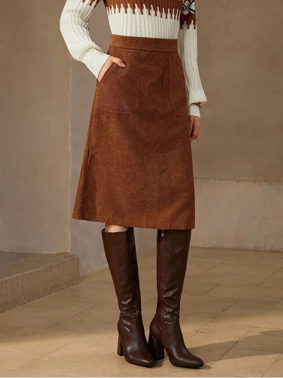 High Waist A-Line Midi Skirt for Women Slant Pocket Corduroy Panel Seam Casual Boho Everyday Wear