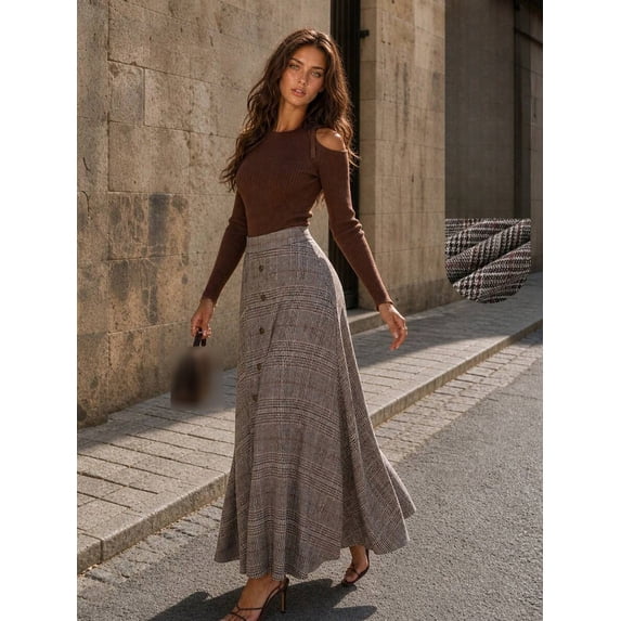 High Waist A-Line Plaid Skirt for Women Button Front Flared Midi Long Office Workwear Elegant