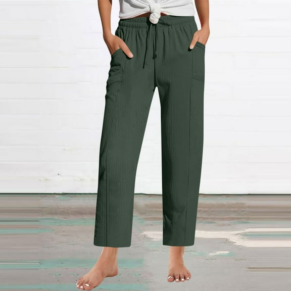 High Waist Ankle Length Pants for Women Casual Womens Cropped Pants Trousers with Side Pockets Elastic Waist Basic Essentials Vacation Fashion Trendy Pants Plus Size