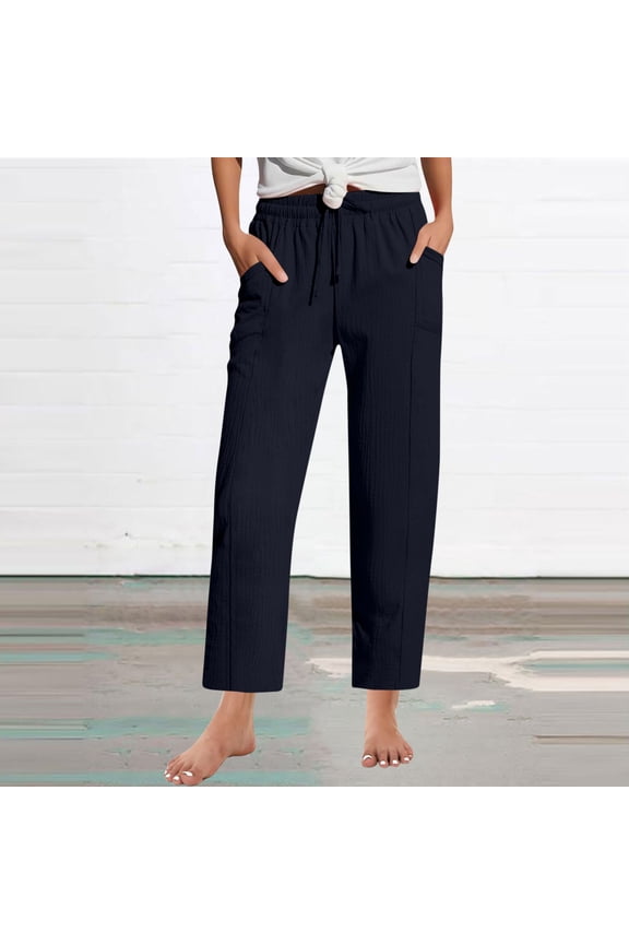 High Waist Ankle Length Pants for Women Casual Womens Cropped Pants Trousers with Side Pockets Elastic Waist Basic Essentials Vacation Fashion Trendy Pants Plus Size
