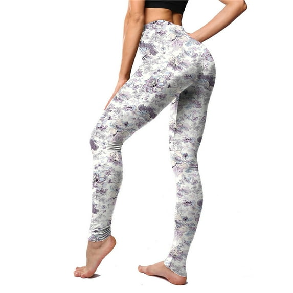 High Waist Athletic Leggings for Women | Tummy Control Pocket Yoga Pants Classic Retro Color Floral Graffiti Print Leggings White M