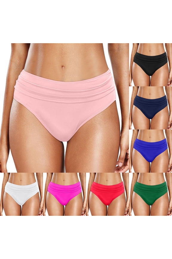 High Waist Bikini Bottoms for Women Ruched Bathing Suit Bottom High Cut Briefs Full Coverage Swimsuit Bottom Beach Swimwear Summer White M
