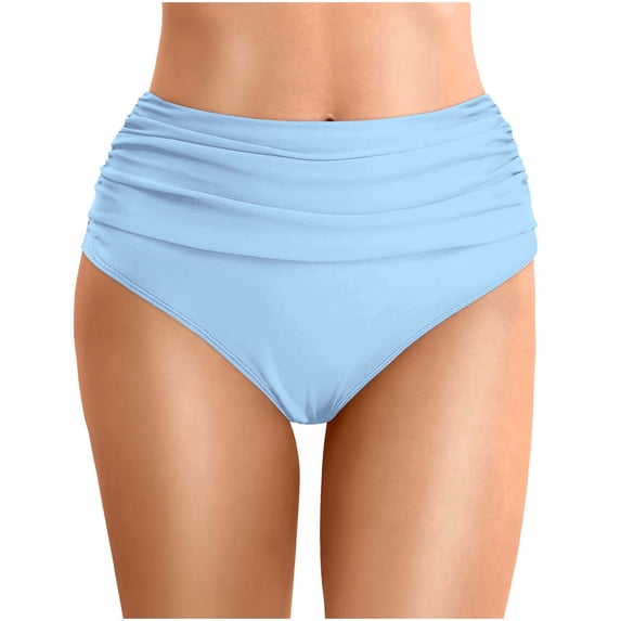 High Waist Bikini Bottoms for Women Ruched Tummy Control Swim Briefs High Cut Full Coverage Dark Blue Swimsuit Bottom