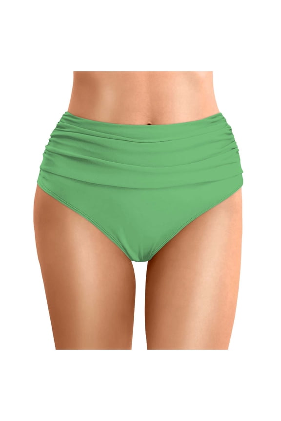 High Waist Bikini Bottoms for Women Ruched Tummy Control Swim Briefs High Cut Full Coverage Dark Blue Swimsuit Bottom