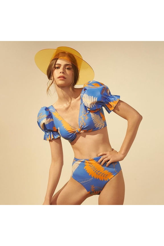 High Waist Bikini Set Buble Shot Sleeve Swimsuit Swimwear Women Sexy Bikinis Bow Bathing Suit Beach Wear biquini A2