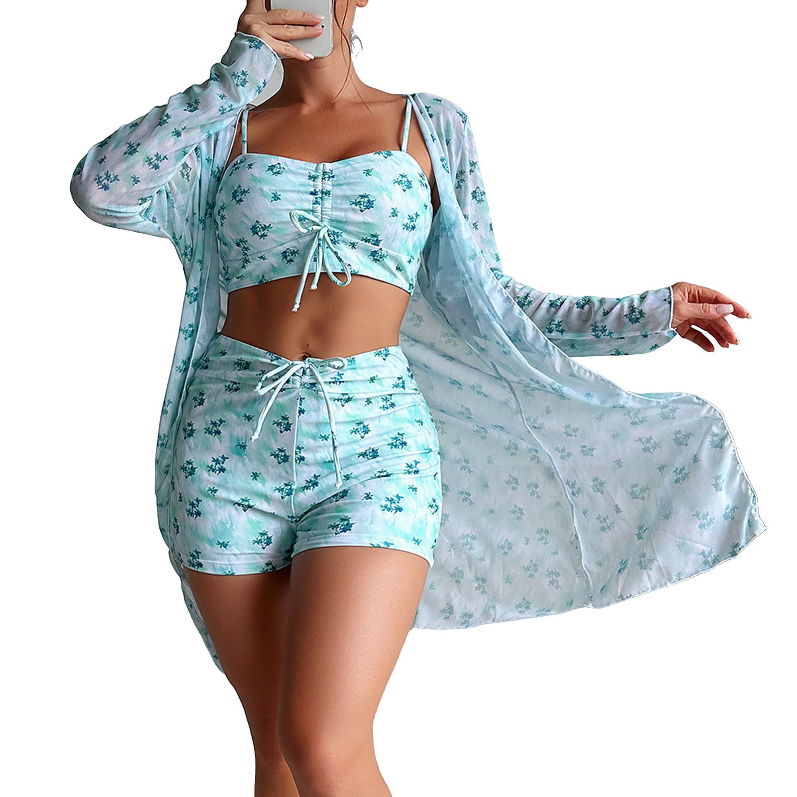 Tavimart Waist Bikinis Sexy 3 Piece Bikini Set Cover Up Swimsuit for Women Long Sleeve Push Up Swimwear Beach Wear Bathing Suit
