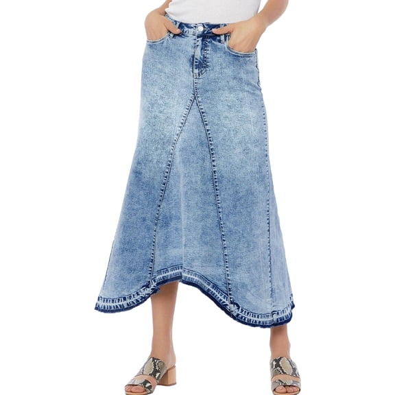 High Waist Blue Washed Women A Line Irregular Hem Long Denim Skirt