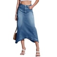 thumbnail image 1 of High Waist Blue Washed Women A Line Irregular Hem Long Denim Skirt, 1 of 8