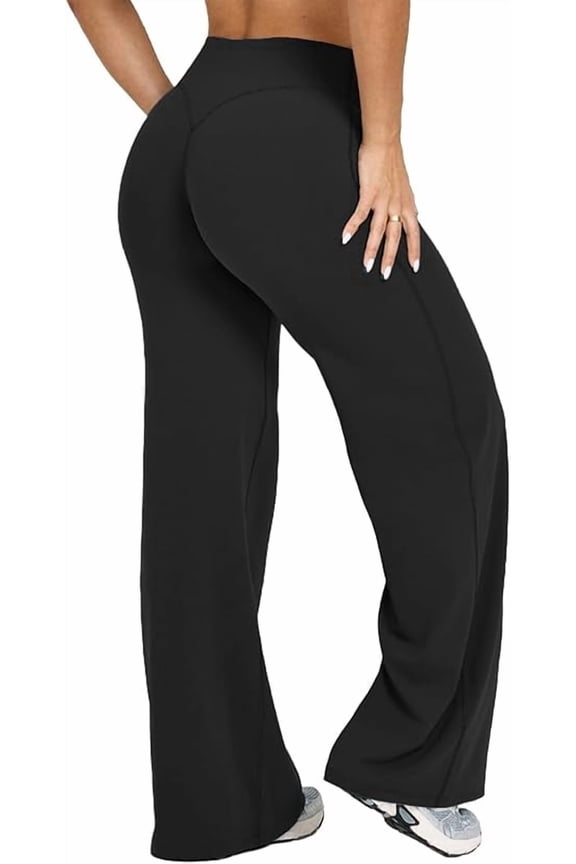 High Waist Butt Lifting Wide Leg Yoga Pants - Women's Tummy Control Straight Leg No Front Seam Gym Workout Bottoms Black XS