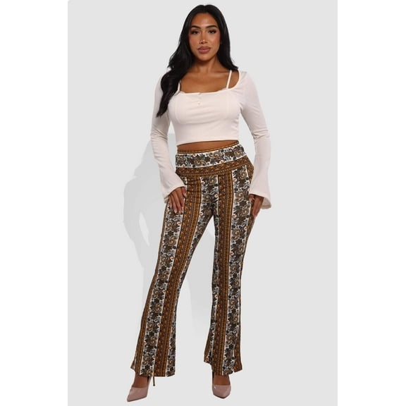 High Waist Buttery Soft Flare Palazzo Pants - Yellow, White, Greenish Blue, Burgundy Boho Print