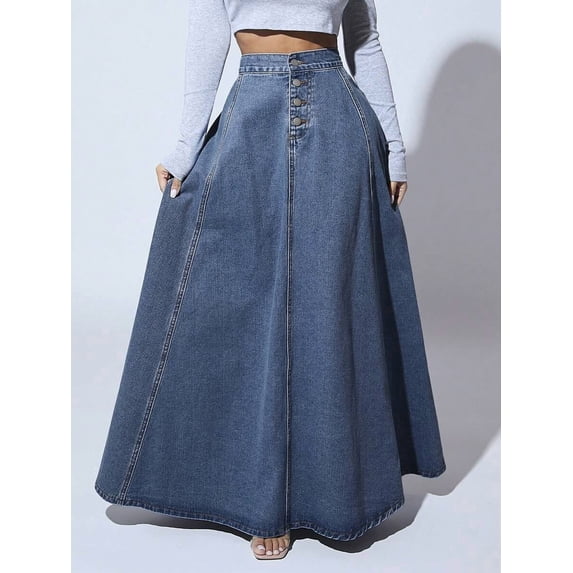 High Waist Button Front Flared Denim Skirt Medium Wash