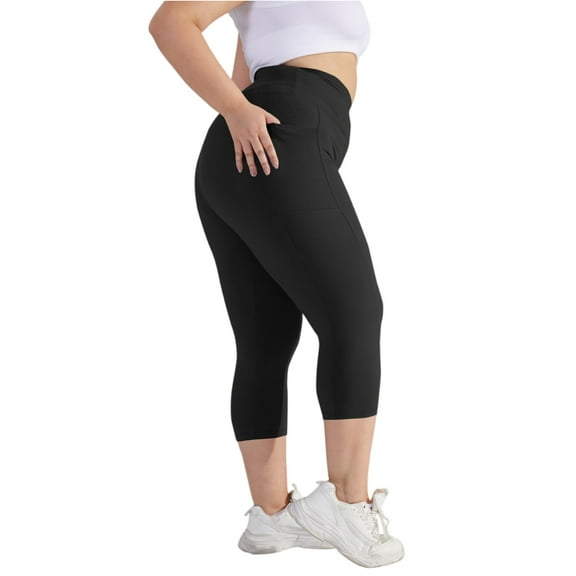 High Waist Capri Leggings for Women Plus Size Tummy Control Compression No Front Seam Yoga Pants High Waisted Booty Lift Running Leggings with Pockets Black 5XL