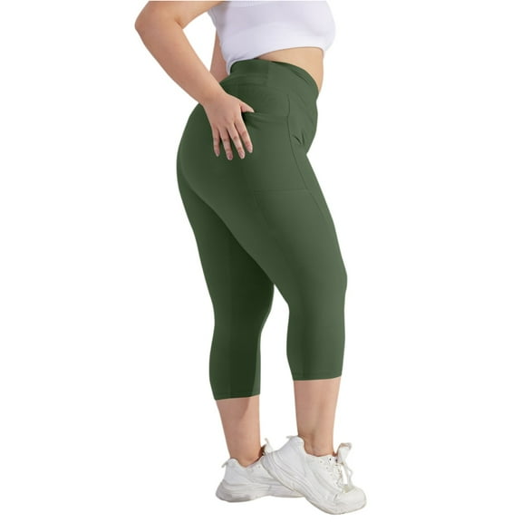 Athletic Capri Leggings for Women Plus Size Tummy Control Booty Lift Skinny Yoga Pants High Waist Compression Sleeping Leggings with Pockets Army Green 5XL