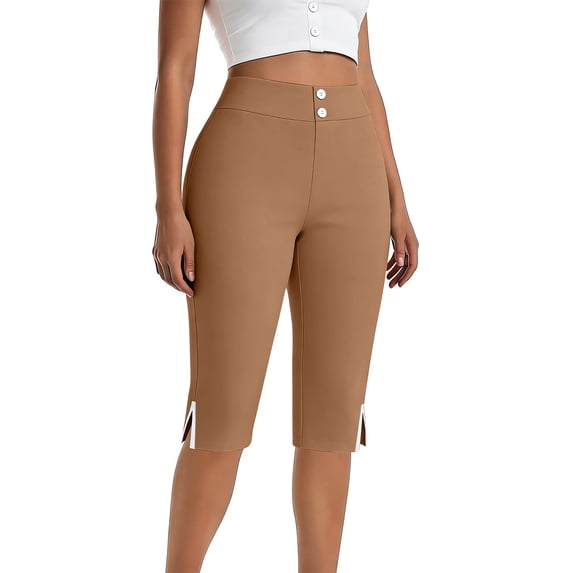 High Waist Capri Leggings for Women Split Hem Capri Yoga Pants Button Trim Capris Stretchy Solid Capri Trousers Casual Breathable Workout Bottoms