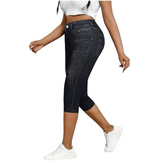 High Waist Capris Jeans for Women Summer Butt Lifting Skinny Faux Denim Capri Stretchy Casual Pants with Pockets