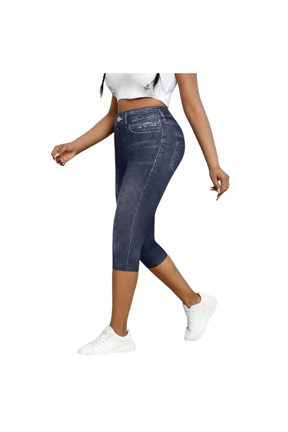 High Waist Capris Jeans for Women Summer Butt Lifting Skinny Faux Denim Capri Stretchy Casual Pants with Pockets