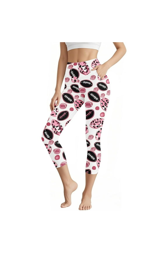 High Waist Capris Leggings for Women Slim-Fit Workout Cpari Legging with Pocket Pull-On Stretch Active Running Pants Pink, L