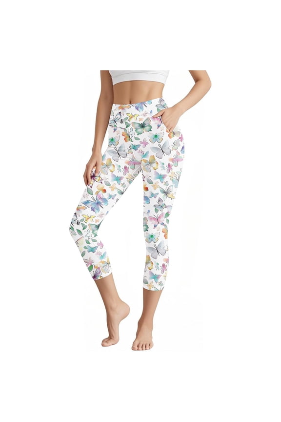 High Waist Capris Leggings for Women Slim-Fit Workout Cpari Legging with Pocket Pull-On Stretch Active Running Pants White, 2XL