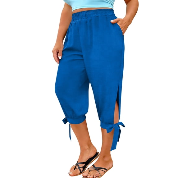 High Waist Cargo Capriss Women’s Loose Capris Plus Size Side Split Joggers Workout Pants with Drawstring Outdoor Hiking Athletic Cropped Trousers,Blue,4XL